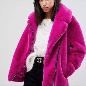 Asos hot pink fur biker jacket motocycle zip oversized size 8
